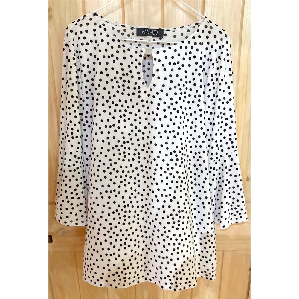 NWT Kasper Womens 1X Black White Polka Dot Tunic Bell Sleeve Keyhole Blouse